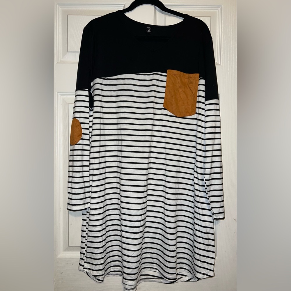 SHEN Curve Striped long sleeve dress with brown pocket and elbow patches SZ 2XL